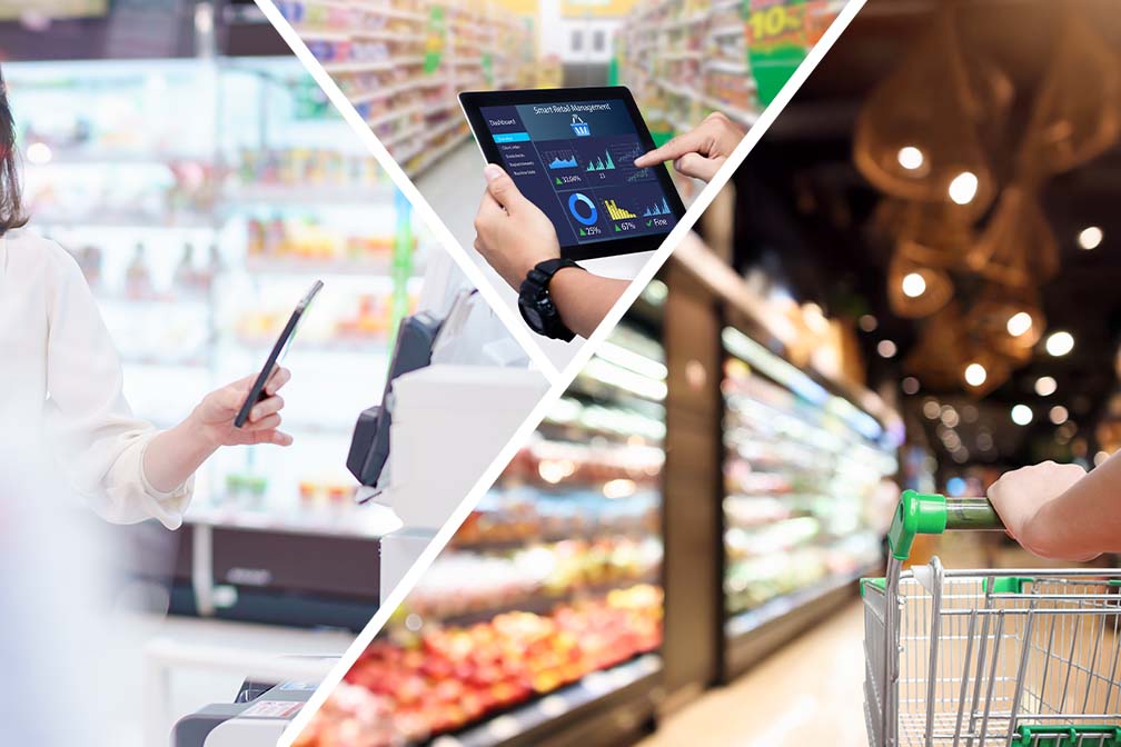 店舗ネットワークを活用し、タブレットでの店舗管理や電子決済を行うスーパーマーケットの様子